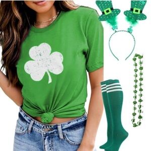 St Patricks Day Halloween Set Ladies Lucky Shamrock Sz S Shirt, Socks, Bead Set